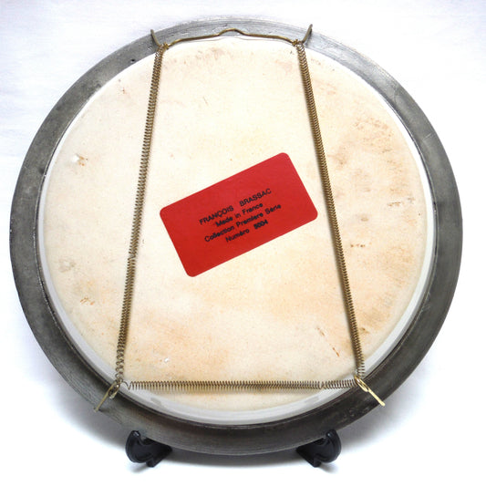 ANTIQUE 10 INCH HAND PAINTED STONEWARE PLATE, Wall Display Ready in Pewter Frame and Brass Wire Holder, #5004 by Francois Brassac of France