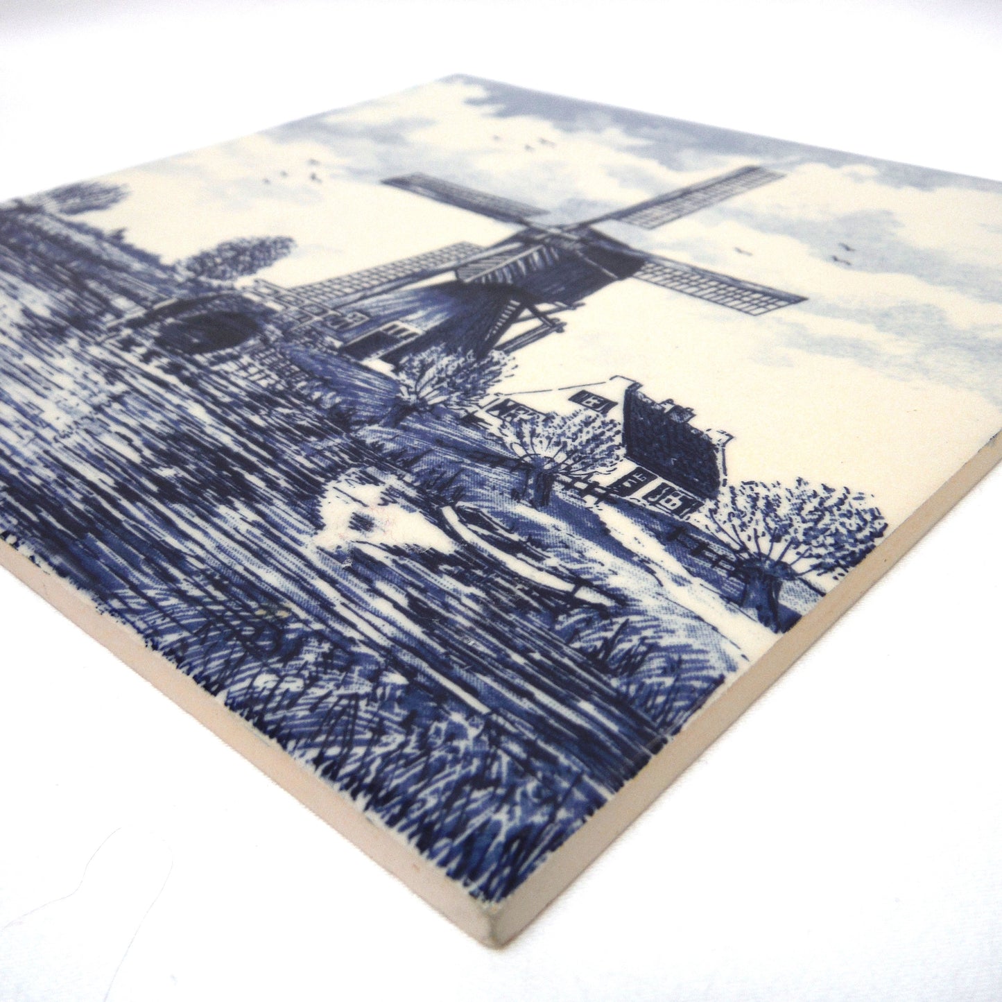 Vintage Delft Blue 6-inch Square Wall Tile: Windmill Scene #1, Made in Holland