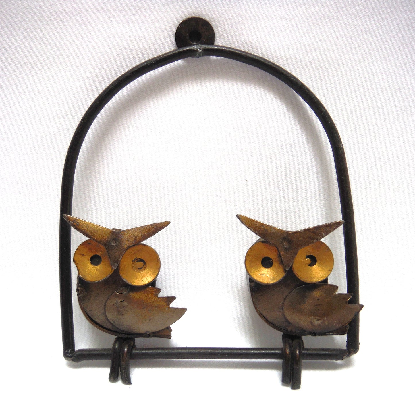 CONTEMPORARY MEXICAN METAL SCULPTURE: Small Mexican Hand-Made and Hand-Welded Steel & Brass Sculpture Entitled 'Two Owls on a Swing'