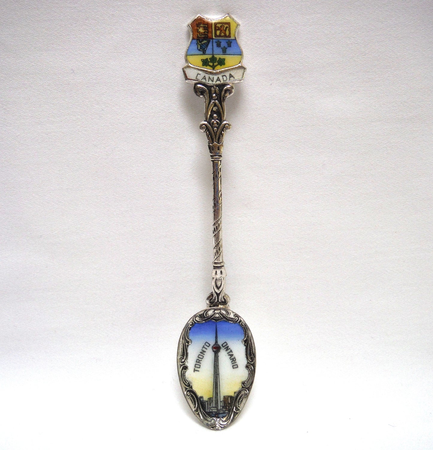 VINTAGE ORNATE CZECHOSLOVAKIA SILVER-PLATED MINIATURE SPOON: Featuring Toronto, Ontario, Canada, Coat of Arms and The CN Tower