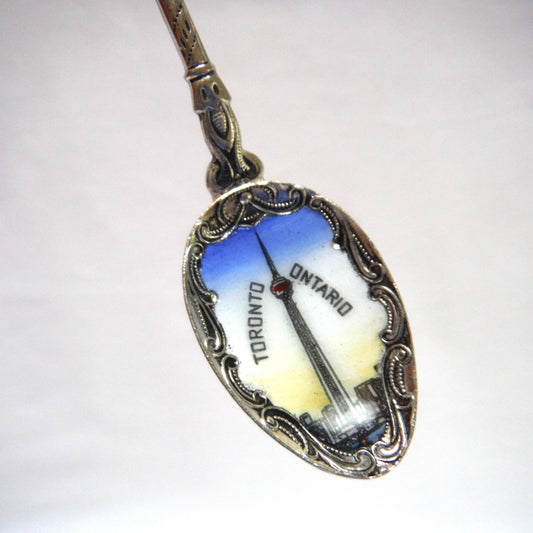 VINTAGE ORNATE CZECHOSLOVAKIA SILVER-PLATED MINIATURE SPOON: Featuring Toronto, Ontario, Canada, Coat of Arms and The CN Tower