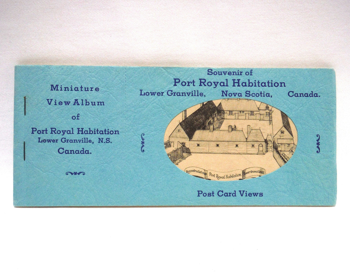 MID-CENTURY POST CARD VIEWS SET and MINIATURE VIEW ALBUM, by PECO of Toronto: Souvenir of Port Royal Habitation, Lower Granville, Nova Scotia, Canada.