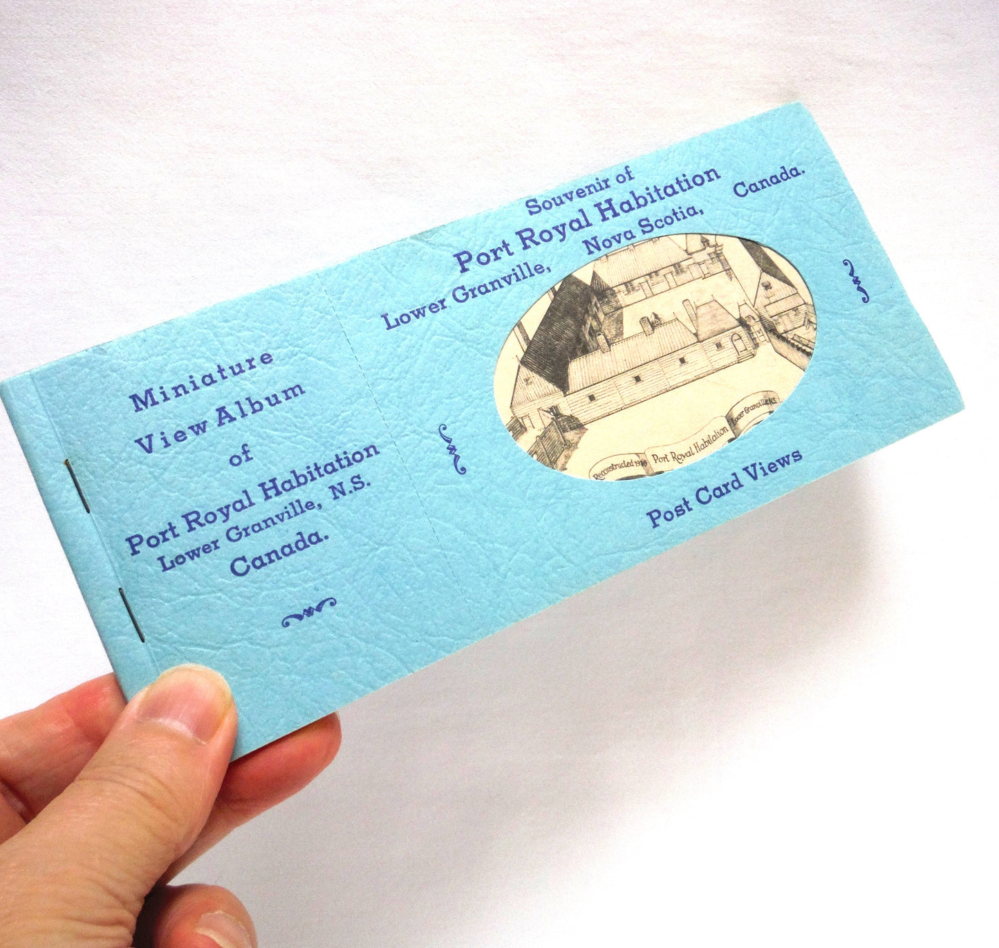 MID-CENTURY POST CARD VIEWS SET and MINIATURE VIEW ALBUM, by PECO of Toronto: Souvenir of Port Royal Habitation, Lower Granville, Nova Scotia, Canada.