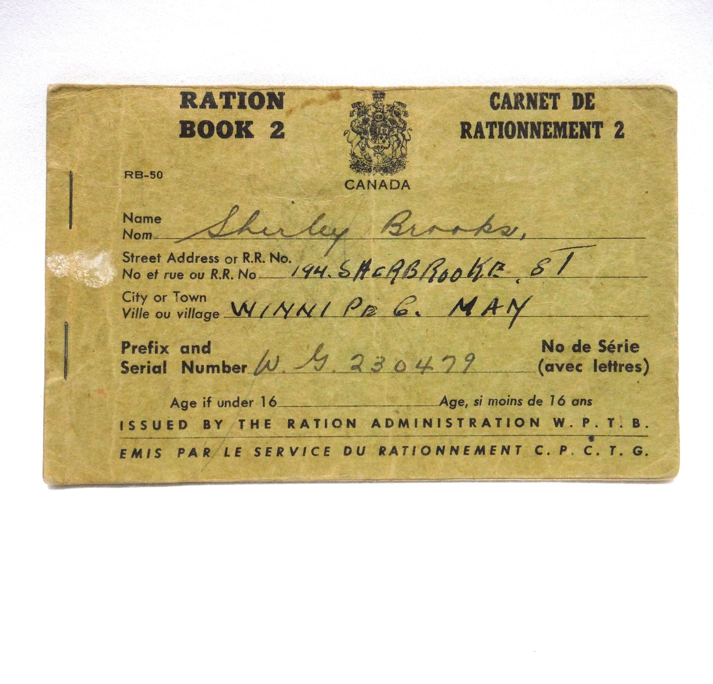 CANADIAN GOVERNMENT WAR RATION BOOK #2 - CARNET DE RATIONNEMENT No.2, Still Full of Stamps from Winnipeg, Manitoba, Canada