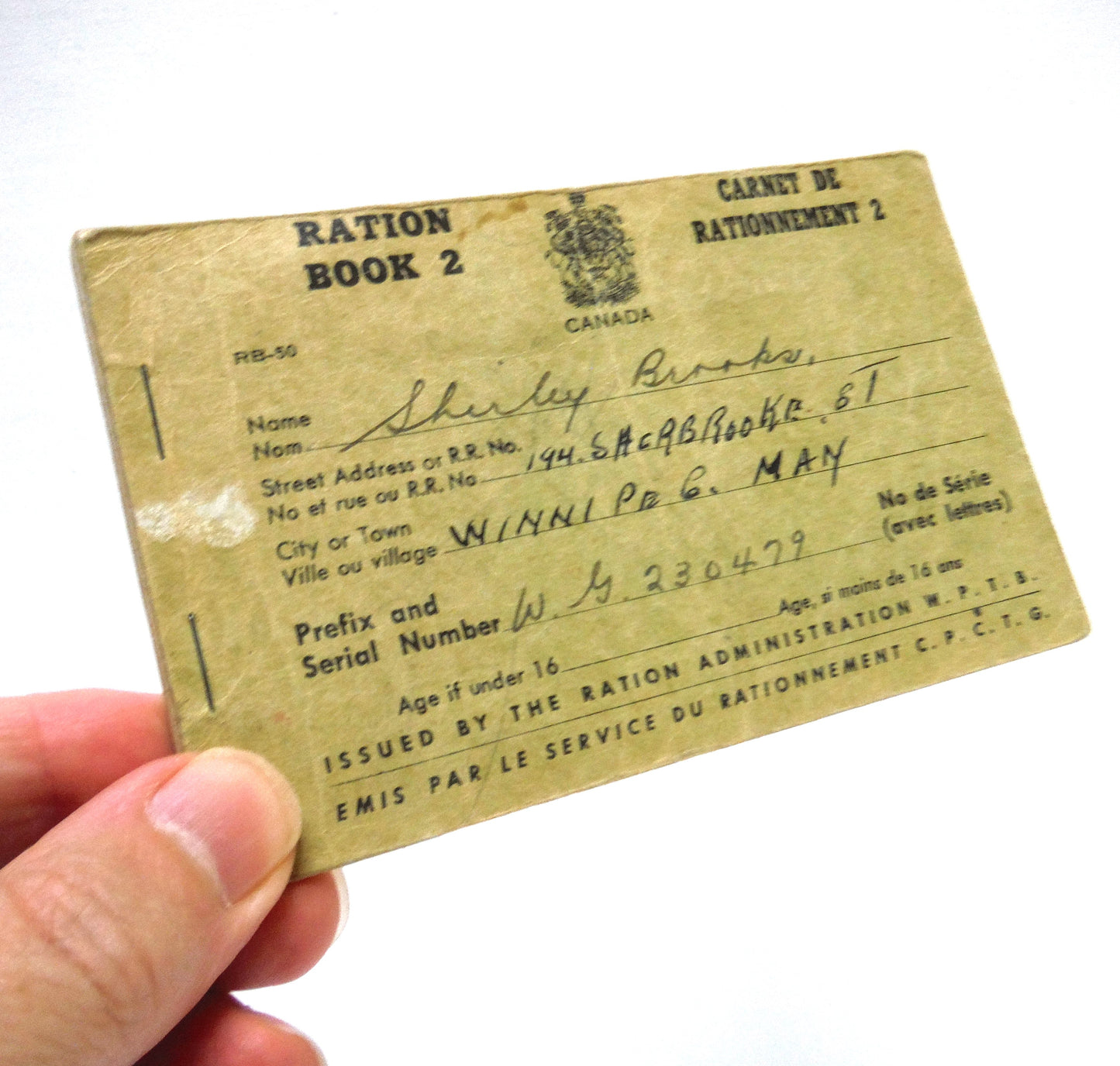 CANADIAN GOVERNMENT WAR RATION BOOK #2 - CARNET DE RATIONNEMENT No.2, Still Full of Stamps from Winnipeg, Manitoba, Canada