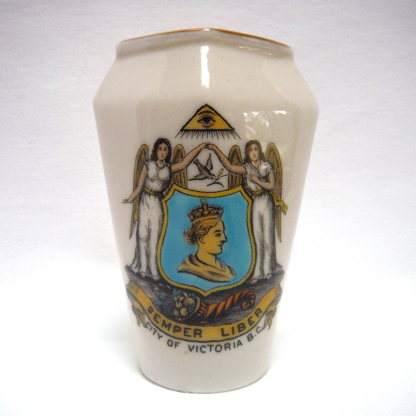 ANTIQUE MINIATURE VASE, by the Famous W.H. Goss of England: CITY OF VICTORIA, B.C., Semper Liber, Queen Victoria, Masonic Lodge, Eye, Angels, and more!