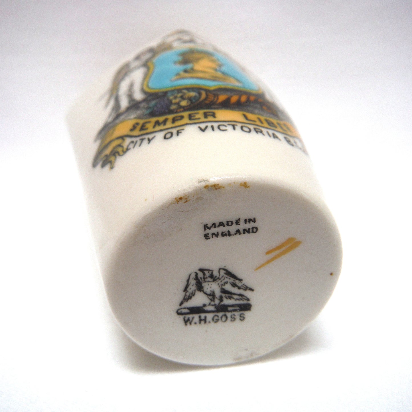 ANTIQUE MINIATURE VASE, by the Famous W.H. Goss of England: CITY OF VICTORIA, B.C., Semper Liber, Queen Victoria, Masonic Lodge, Eye, Angels, and more!