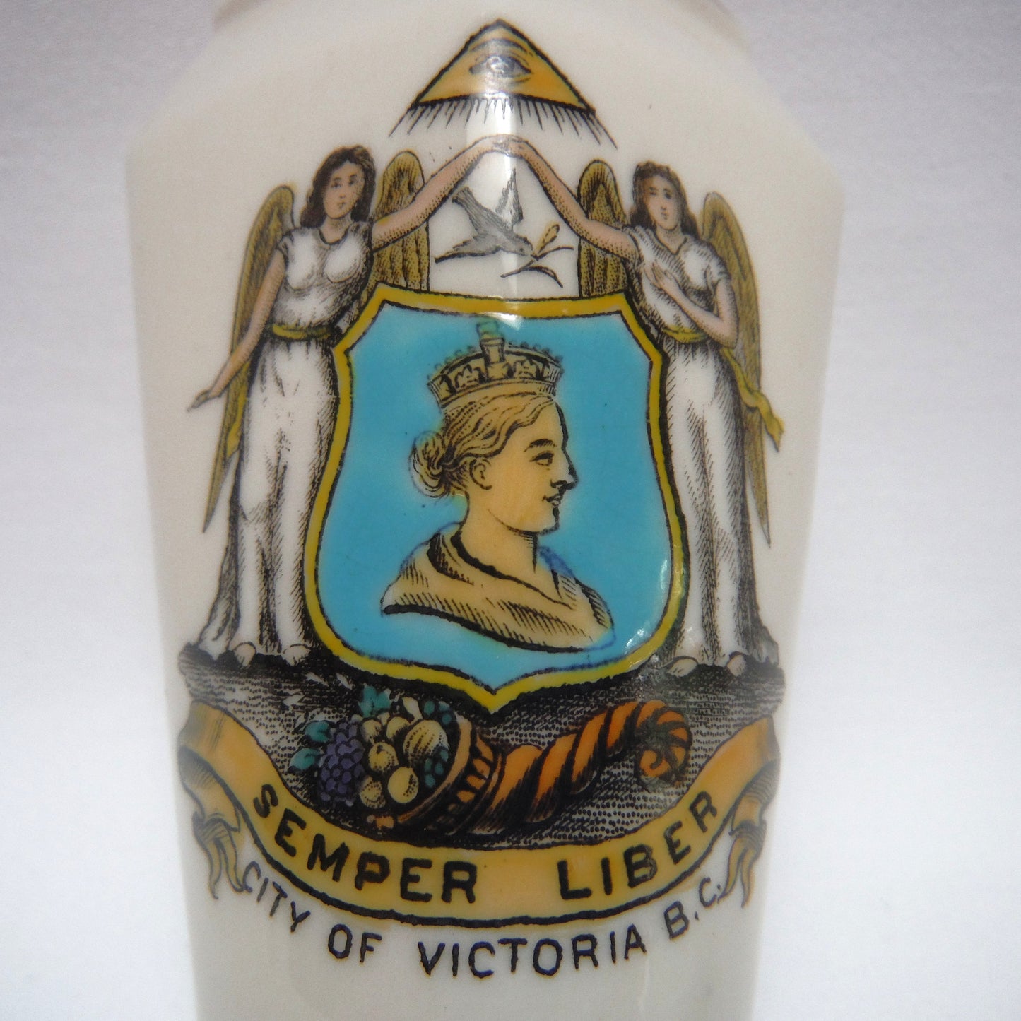 ANTIQUE MINIATURE VASE, by the Famous W.H. Goss of England: CITY OF VICTORIA, B.C., Semper Liber, Queen Victoria, Masonic Lodge, Eye, Angels, and more!