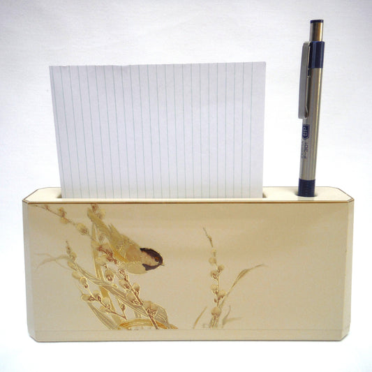 OTAGIRI LACQUERWARE DESKTOP ORGANIZER PAD AND PEN HOLDER, in a stunning taupe and gold chickadee from Japan!