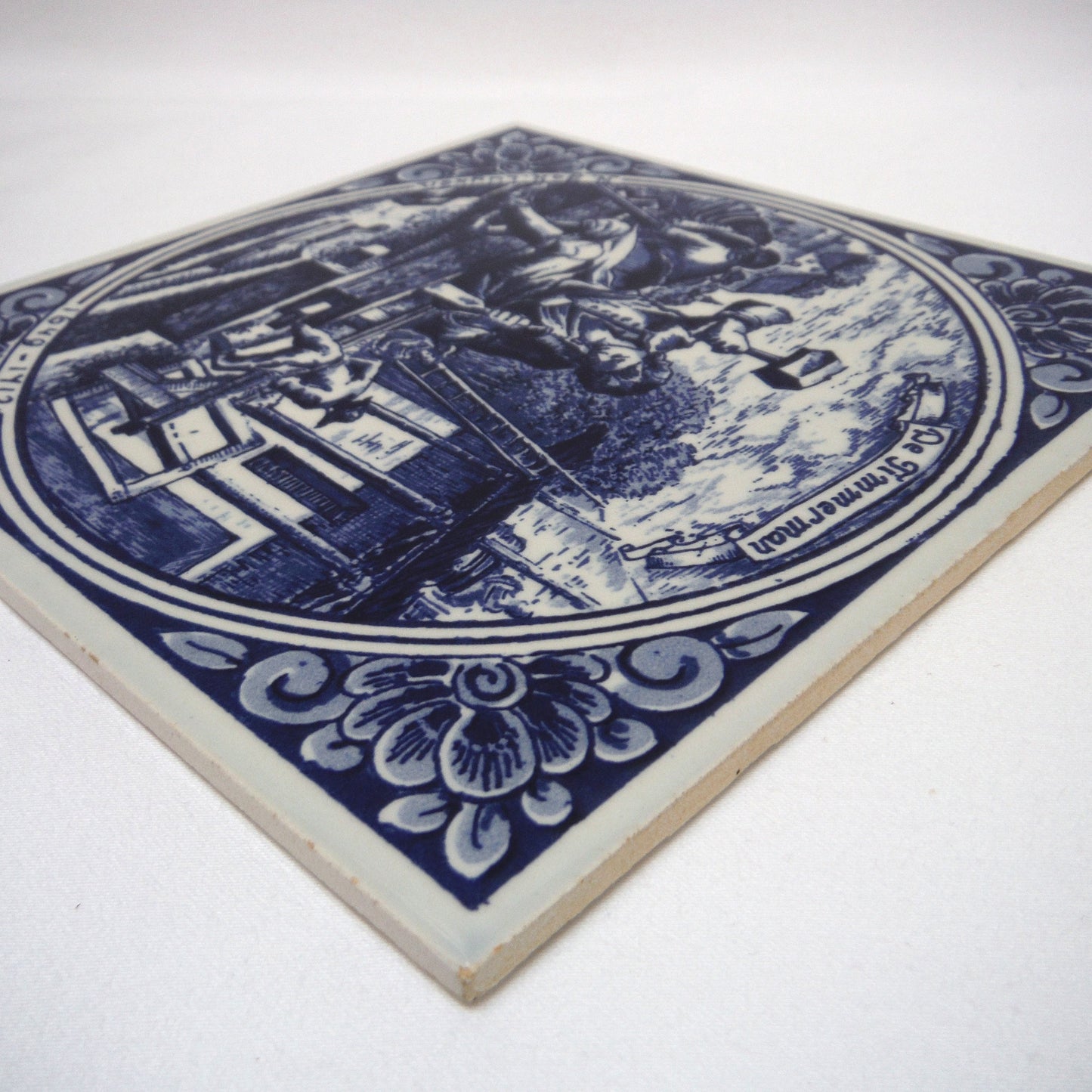 Vintage Hand Painted DELFT BLUE 6 x 6 inch Ceramic Tile: 'De Timmerman'