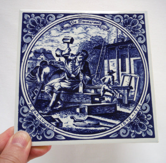 Vintage Hand Painted DELFT BLUE 6 x 6 inch Ceramic Tile: 'De Timmerman'