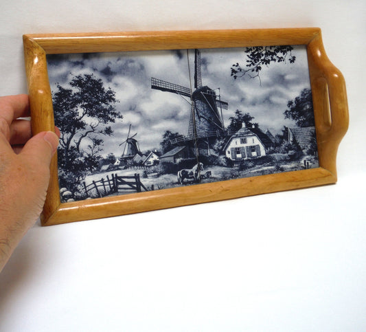 Rare Vintage Small Double Tile Oak Trimmed DELFT BLUE SERVING TRAY, Hand Decorated by Ter Steege in Holland