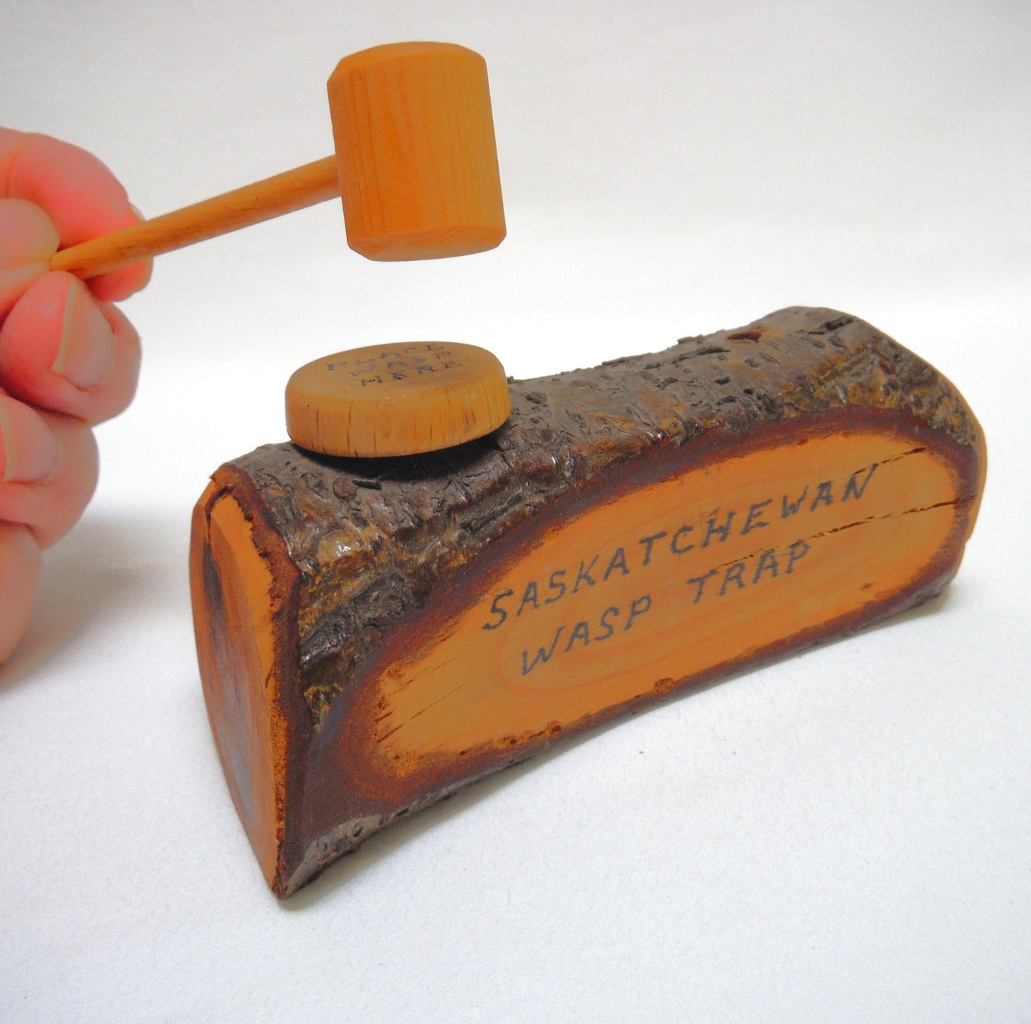 SASKATCHEWAN WASP TRAP: A Mid-Century Hand-Made Canadian Vintage Novelty Souvenir Live-Edge Mini Log and Wasp Squisher!