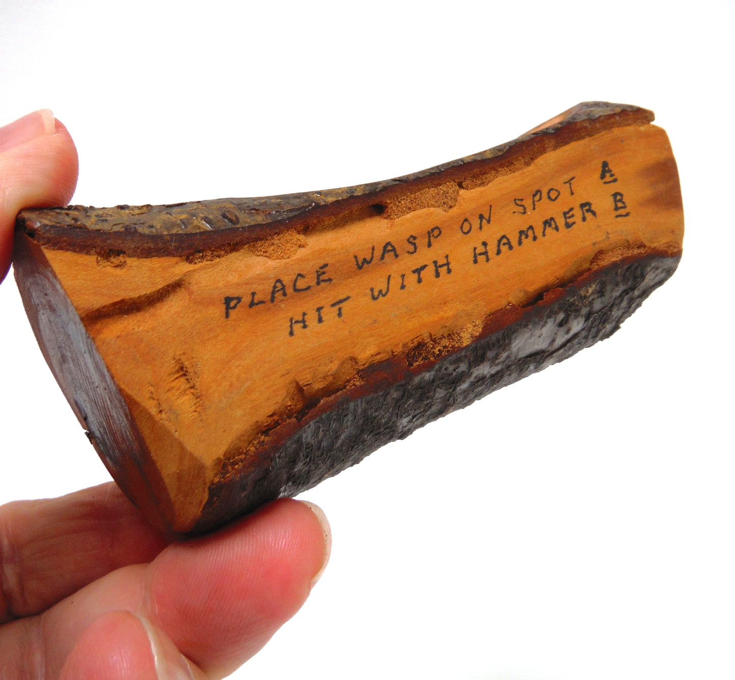 SASKATCHEWAN WASP TRAP: A Mid-Century Hand-Made Canadian Vintage Novelty Souvenir Live-Edge Mini Log and Wasp Squisher!