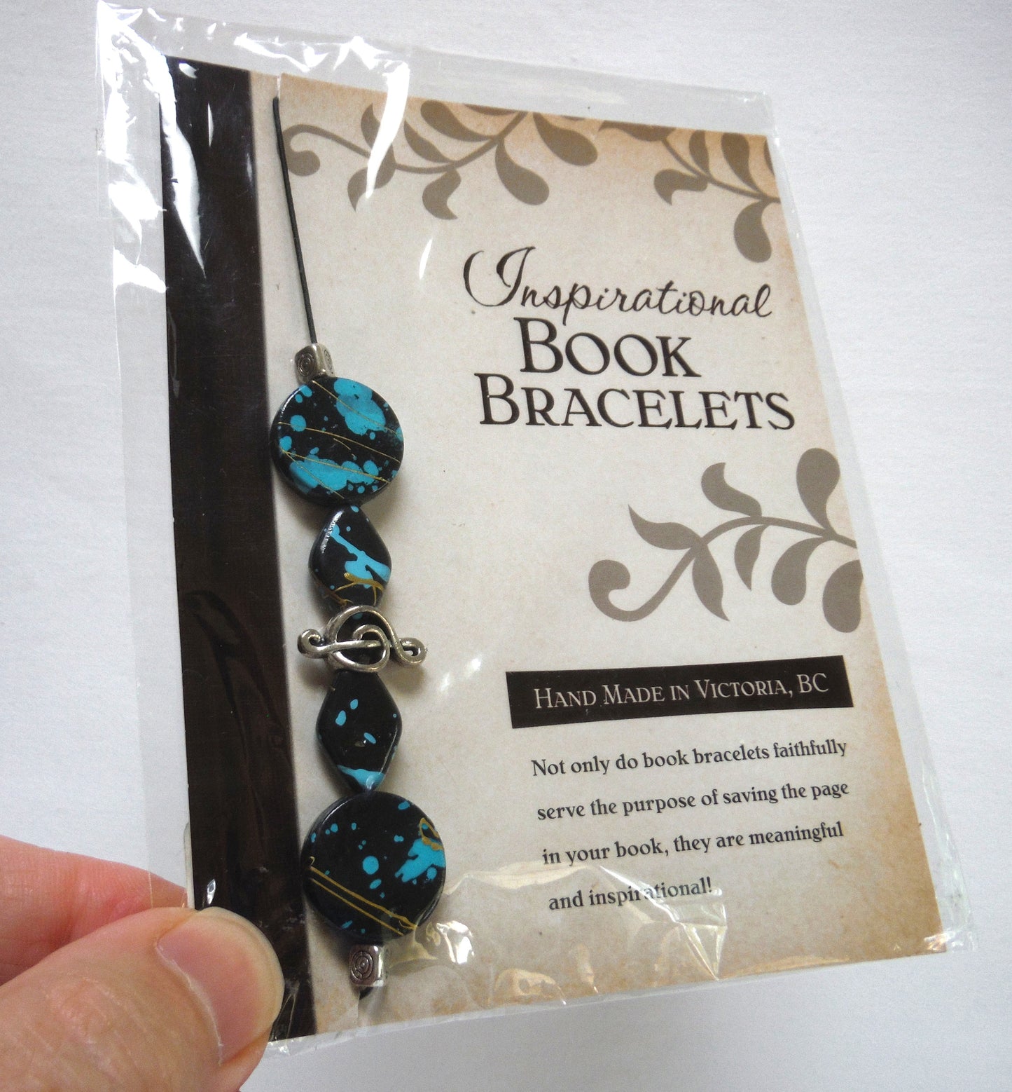 CONTEMPORARY INSPIRATIONAL BOOK BRACELET: Hand Made in Victoria, British Columbia: Aqua Blue and Black Beads with Silver Charms
