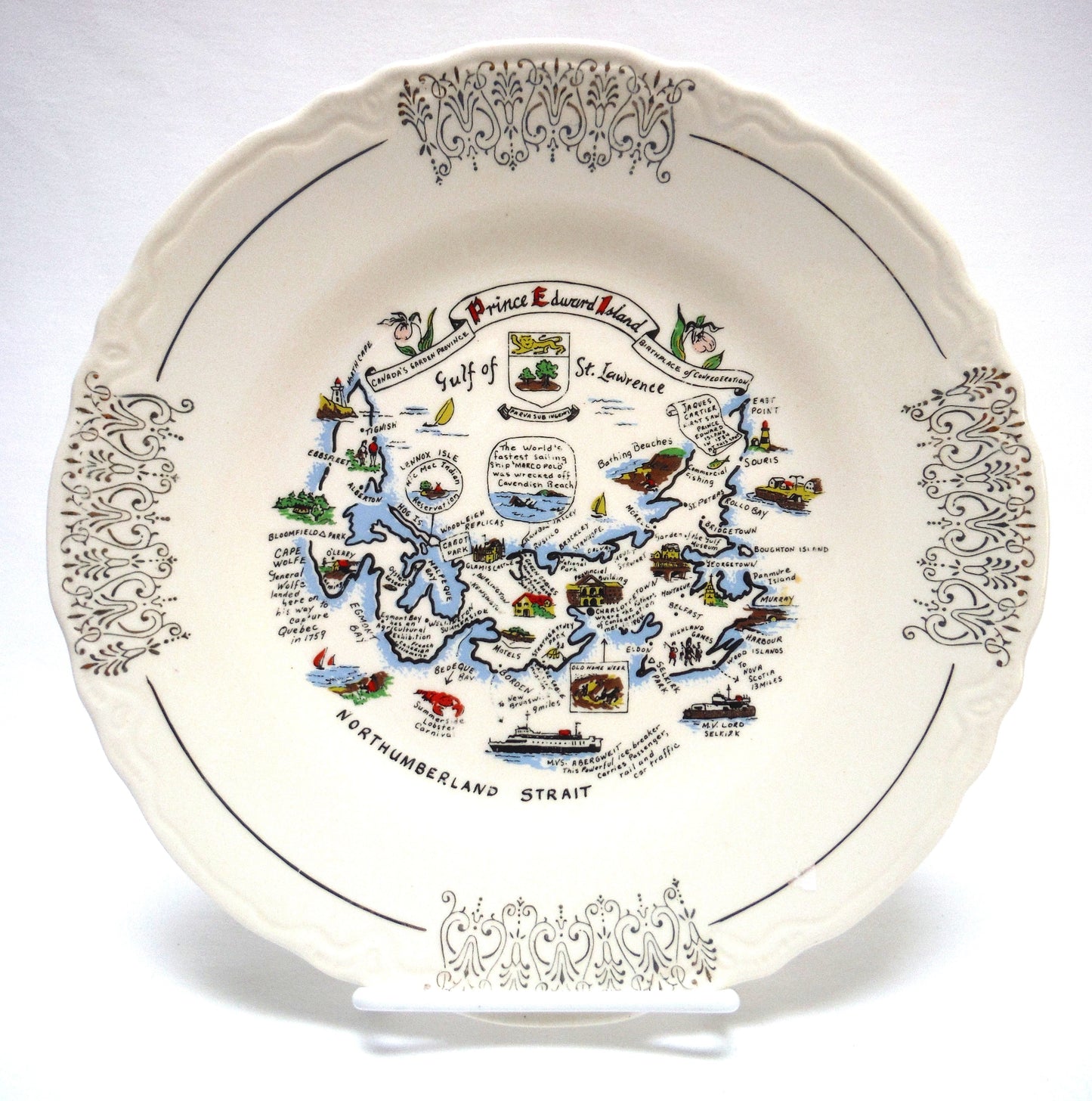 Vintage Souvenir Plate 9.5 inch-wide in 22kt Gold Celebrating: PRINCE EDWARD ISLAND, CANADA