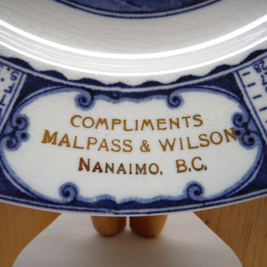 1930 Antique Decorative Calendar Plate by WOODS and SONS of ENGLAND: Gold Imprinted for Malpass and Wilson, Nanaimo, BC