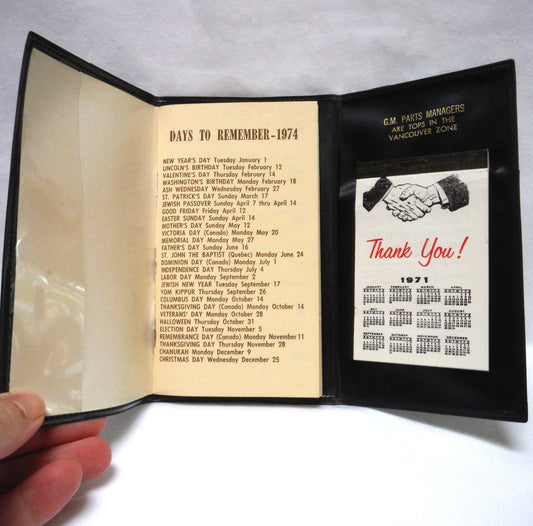 1970's Tri-Fold Black Vinyl Automotive Pocket Calendar: 'GM PARTS MANAGERS ARE TOPS IN THE VANCOUVER ZONE'