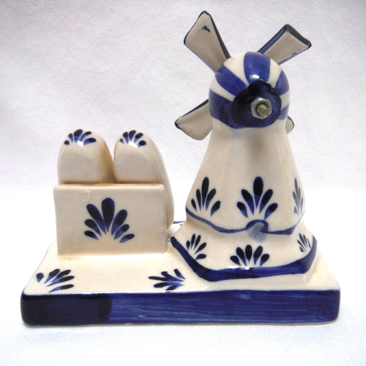 DELFT Blue Holland Figurine Statue: Dutch Windmill and Pair of Clogs on a Sturdy Stand