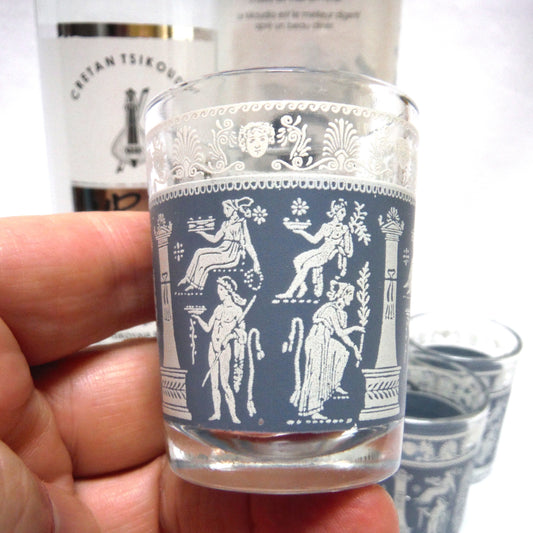 Vintage Set of Four Glass Shot Glasses: GREEK HELLENIC GODDESS FEAST STYLE SKY BLUE ON WHITE