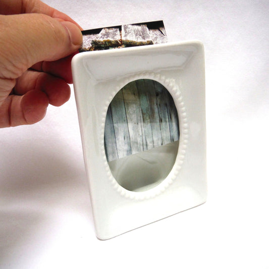 Vintage Miniature Lucky Photo Frame, White Porcelain with Original Glass Insert