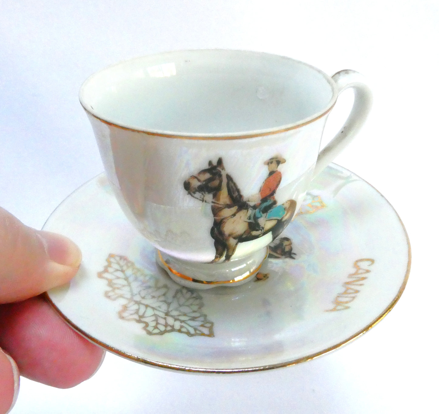 1950's MCM Canadian Souvenir Demitasse Cup and Saucer: The Royal Canadian Mounted Police (RCMP) from Japan!