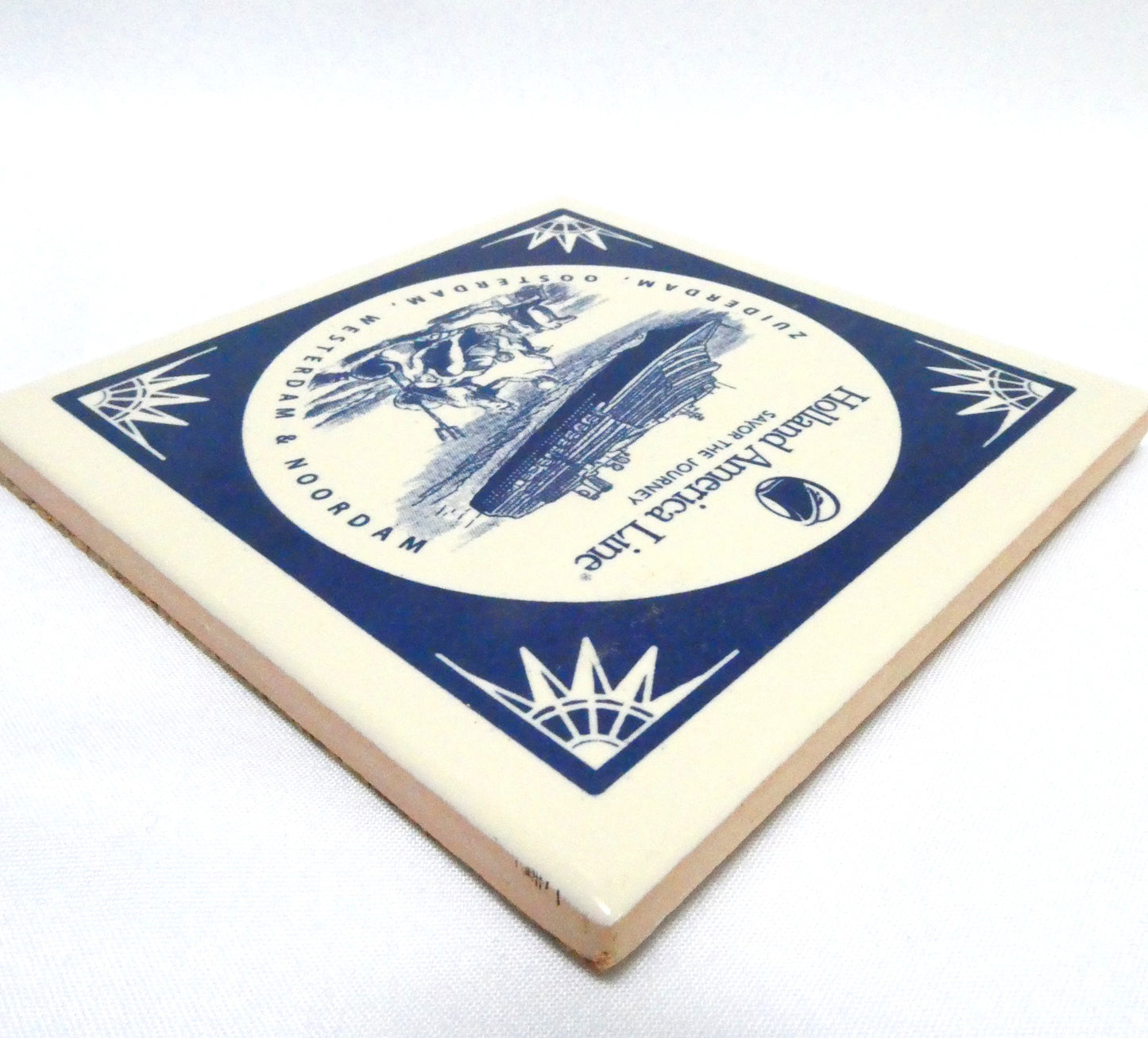 Collectible Ceramic Coaster Tile Featuring Four HOLLAND AMERICA LINE CRUISE SHIPS AND A NAUTICAL FIGURE