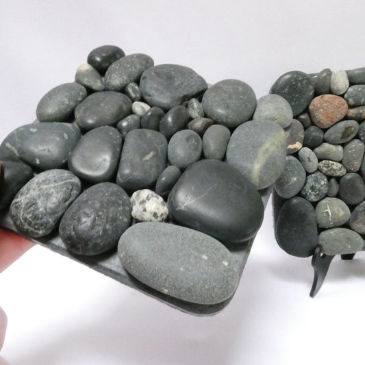 Pair of Contemporary-Designed Pebbled Stone Mosaic Tiled Drink Coasters, with Black Felt Backing