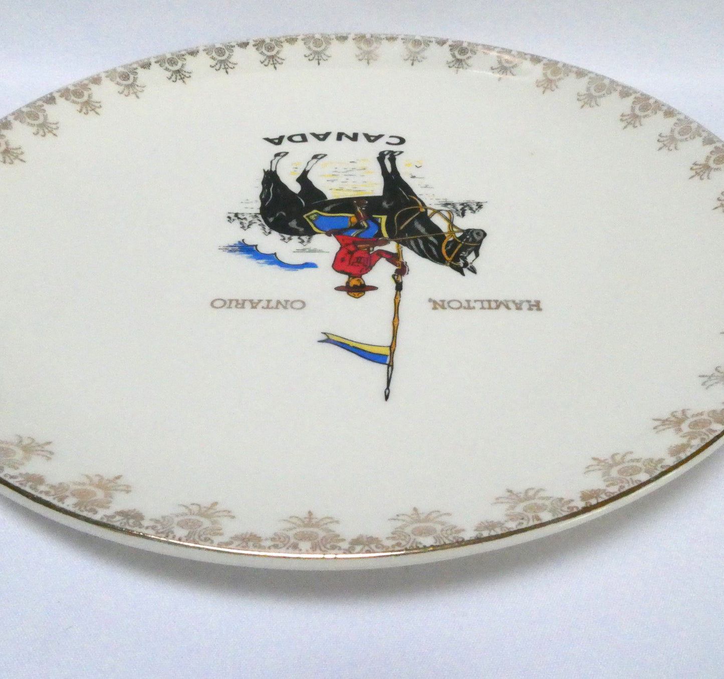 Vintage Souvenir Large Ceramic Plate featuring the Famous RCMP (Royal Canadian Mounted Police) Rare Hamilton Ontario Canada Version