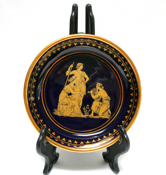 Vintage NEOFITOU KERAMIK MINI TRINKET TRAY: Greek Mythology Scene in Deep Blue and 24K Trim