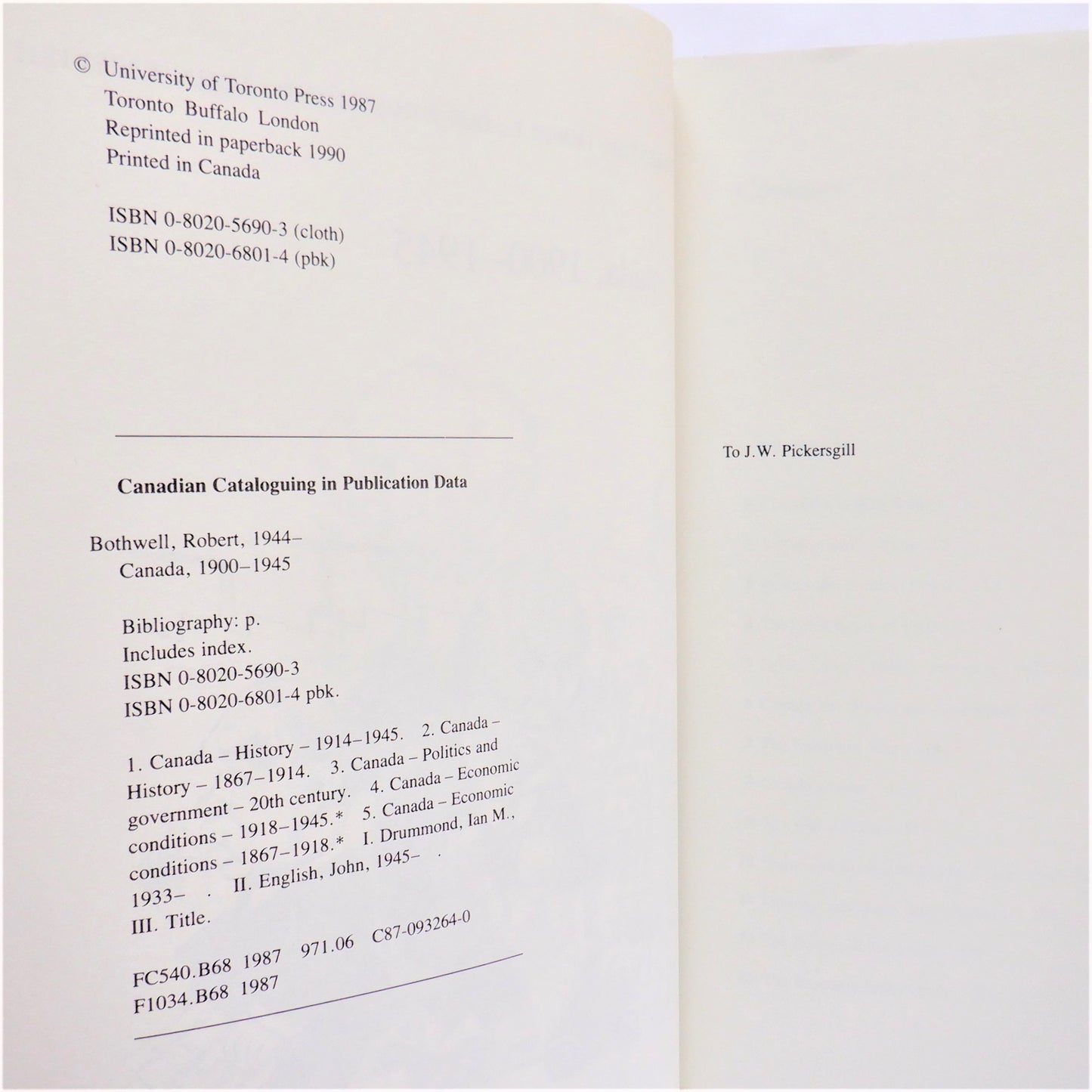 CANADA 1900-1945, by Robert Bothwell, Ian Drummond & John English, 1990