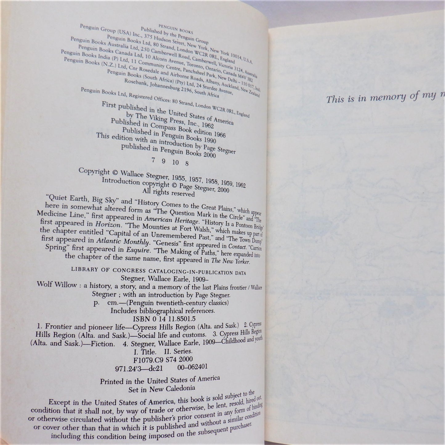 WOLF WILLOW, A History, A Story, and a Memory of the Last Plains Frontier, A Novel by Wallace Stegner, 2000