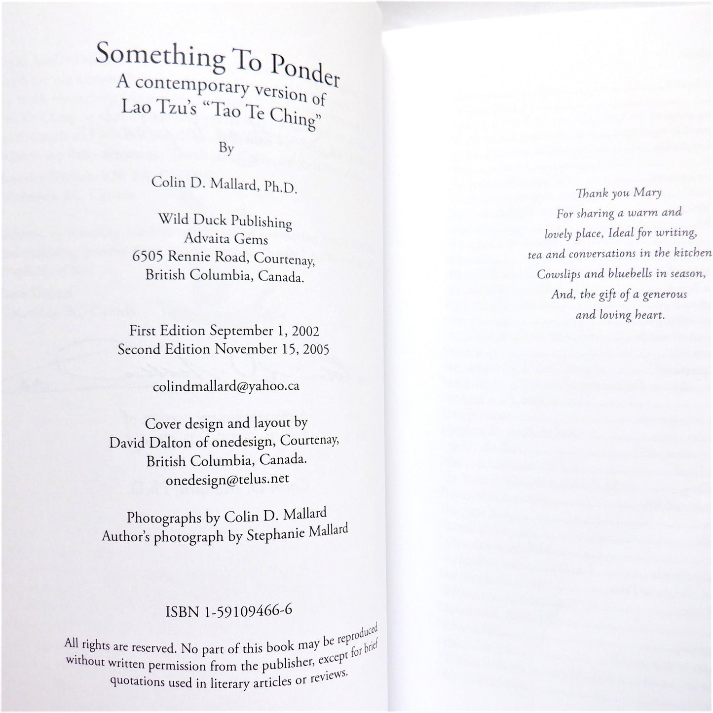 SOMETHING TO PONDER, A Contemporary Version of Lao Tzu's 'TAO TE CHING', by Colin D. Mallard, PH.D. (2005-SIGNED)