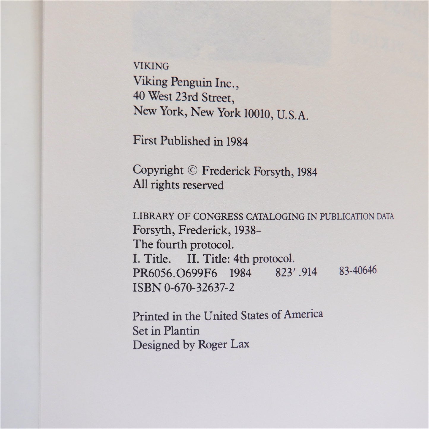 THE FOURTH PROTOCOL, A Novel by Frederick Forsyth (1984 1st Ed.)
