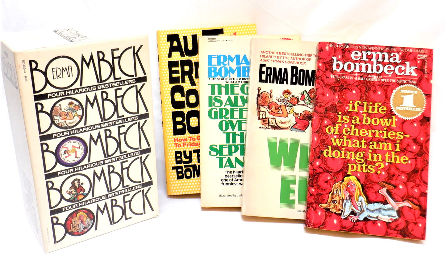 ERMA BOMBECK: Like-New Box Set of Four: Aunt Erma's Cope Book, At Wit's End, The Grass is Always Greener Over the Septic Tank, and If Life is Like a Bowl of Cherries...1980's