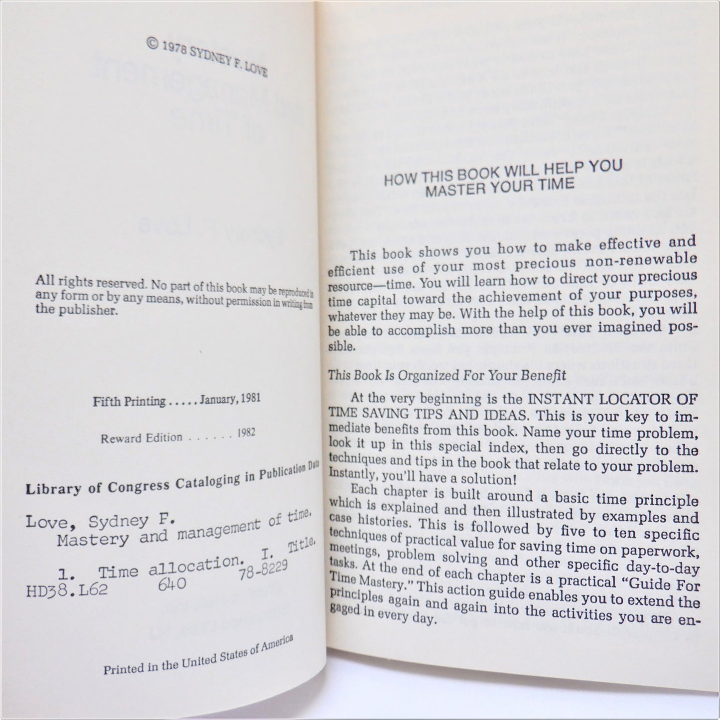 MASTERY AND MANAGEMENT OF TIME, by Sydney F. Love, 1982