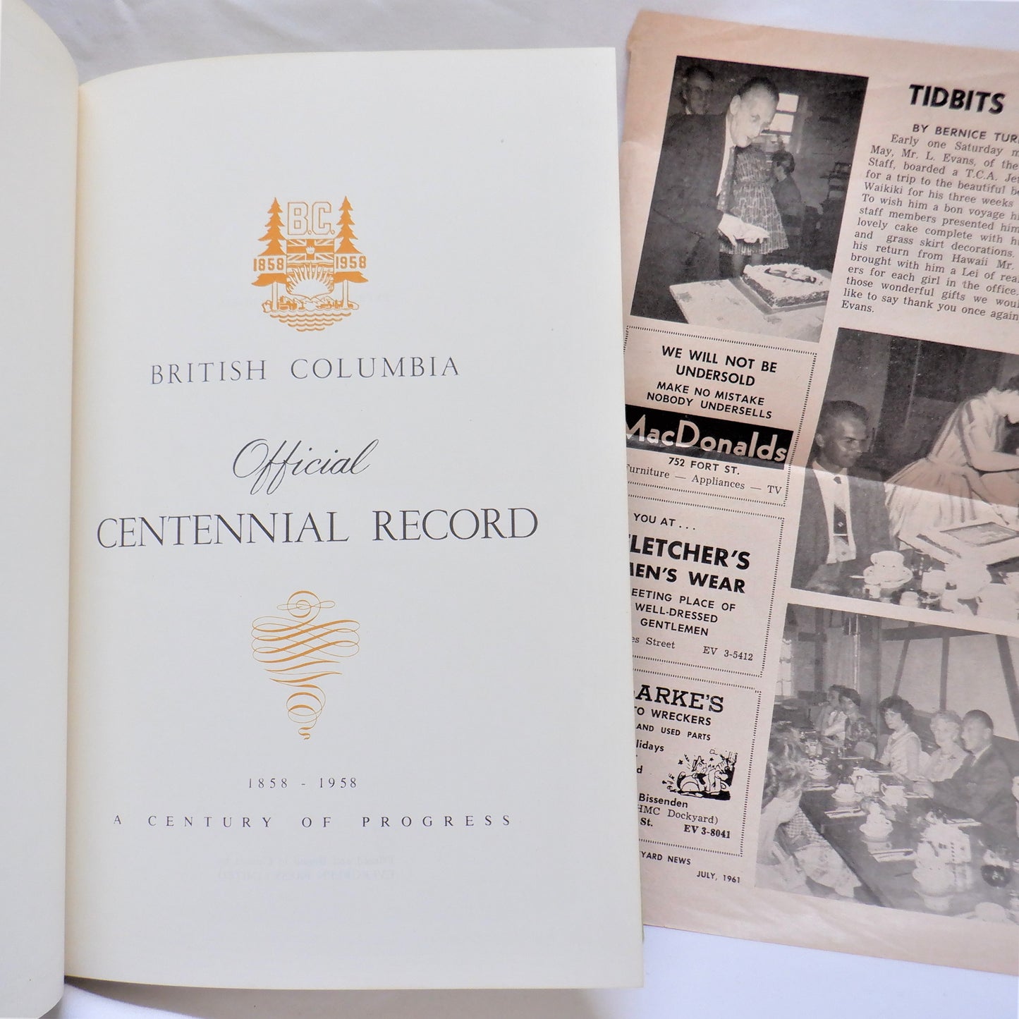 BRITISH COLUMBIA OFFICIAL CENTENNIAL RECORD 1858-1958, A Century To Celebrate (1957 1st Ed.)