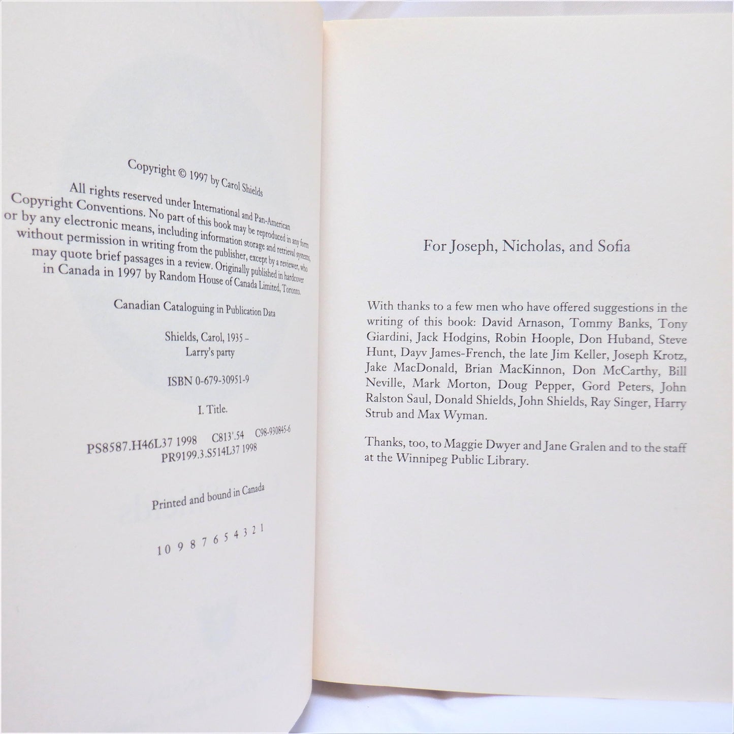 LARRY'S PARTY, A Novel by Carol Shields (1997 1st Ed.)