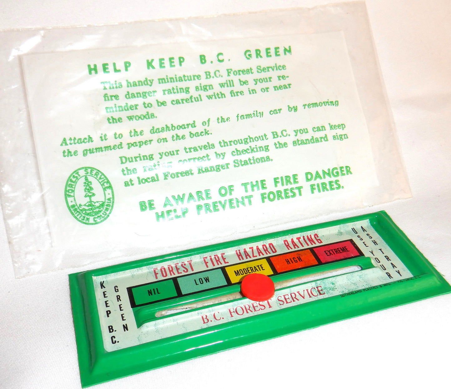 B.C. FOREST SERVICE Miniature Automobile Vehicle Dashboard Danger Fire Rating Sign, Vintage 1970's