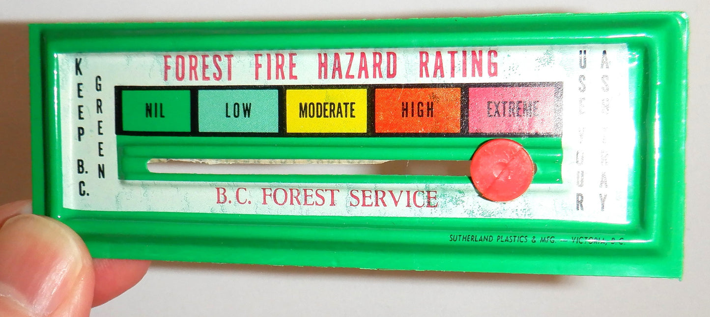 B.C. FOREST SERVICE Miniature Automobile Vehicle Dashboard Danger Fire Rating Sign, Vintage 1970's