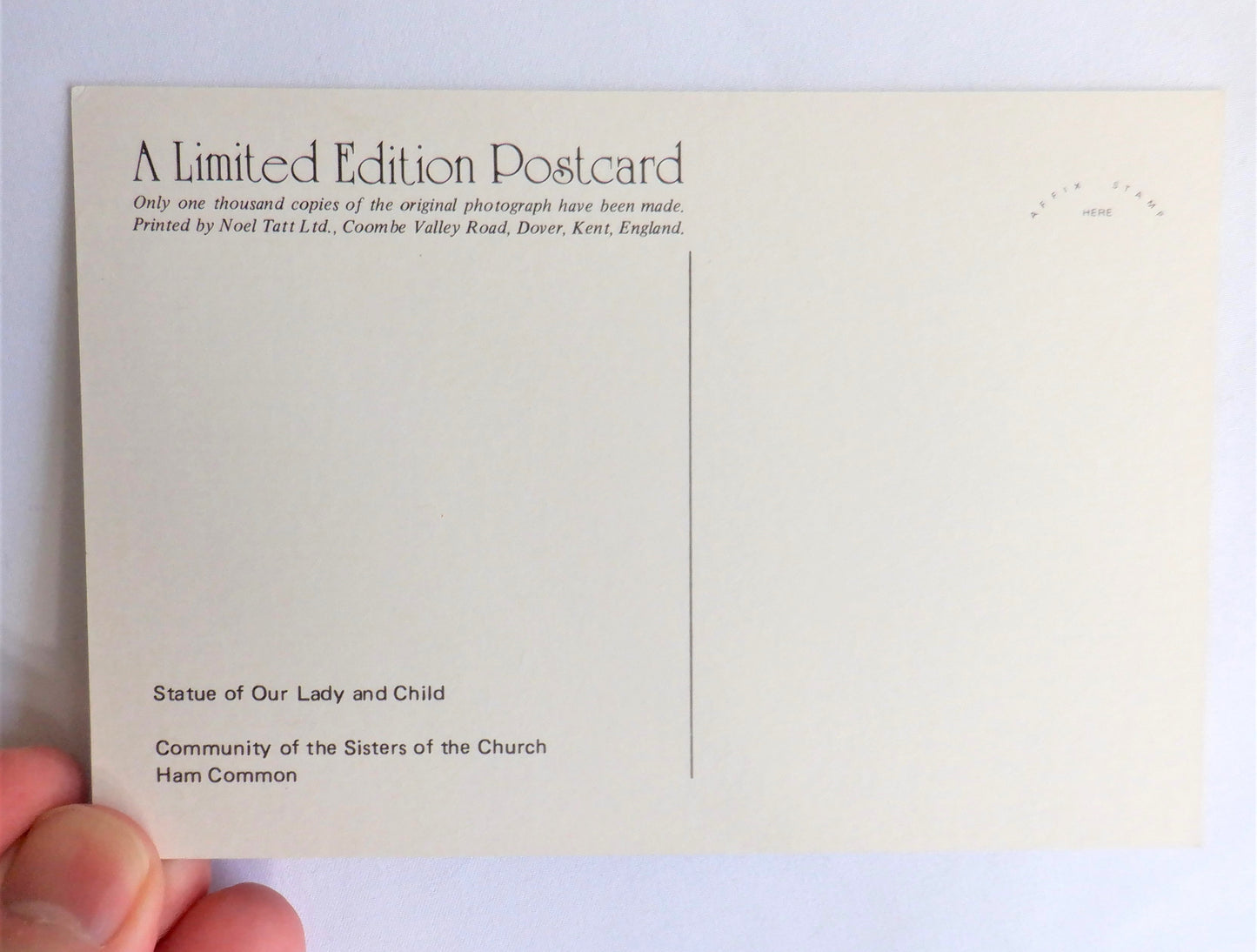 POSTCARD, Set of 1, Vintage Postcard from St. Michael's Convent in Richmond, Surrey, UK: 'Statue of OUR LADY AND CHILD', GREAT BRITAIN