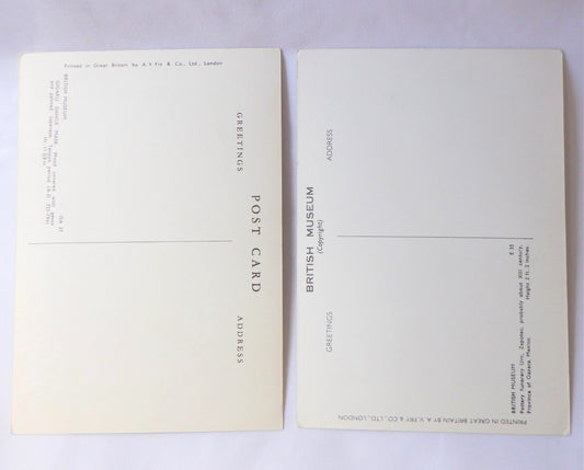 POSTCARD, Set of 2, Vintage Black & White Art Postcards: OA37 GIGAKU DANCE MASK, & E35 POTTERY FUNERERY URN, from The BRITISH MUSEUM COLLECTION