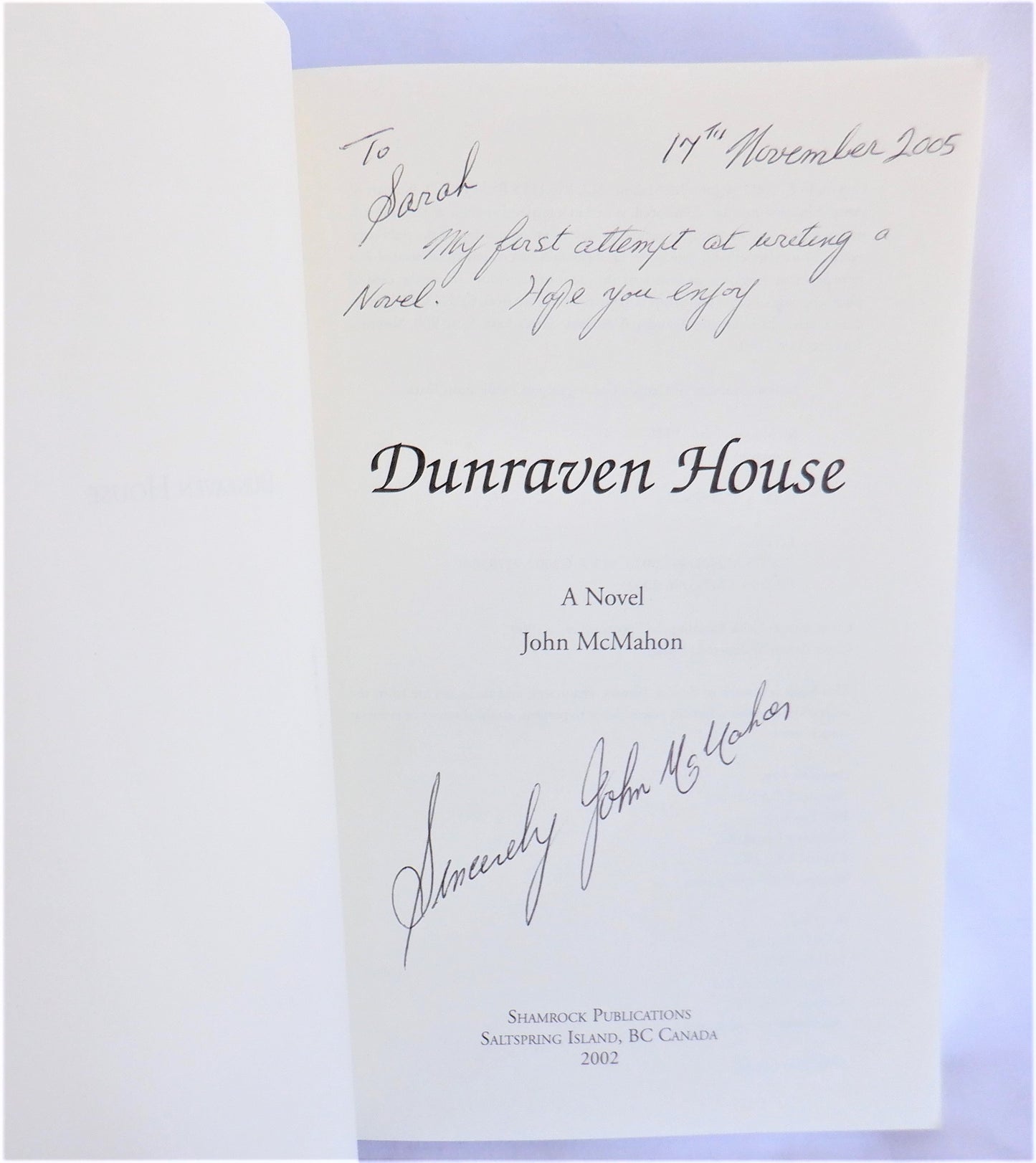 DUNRAVEN HOUSE, An Irish American Love Story, by John McMahon (1st Ed. SIGNED)