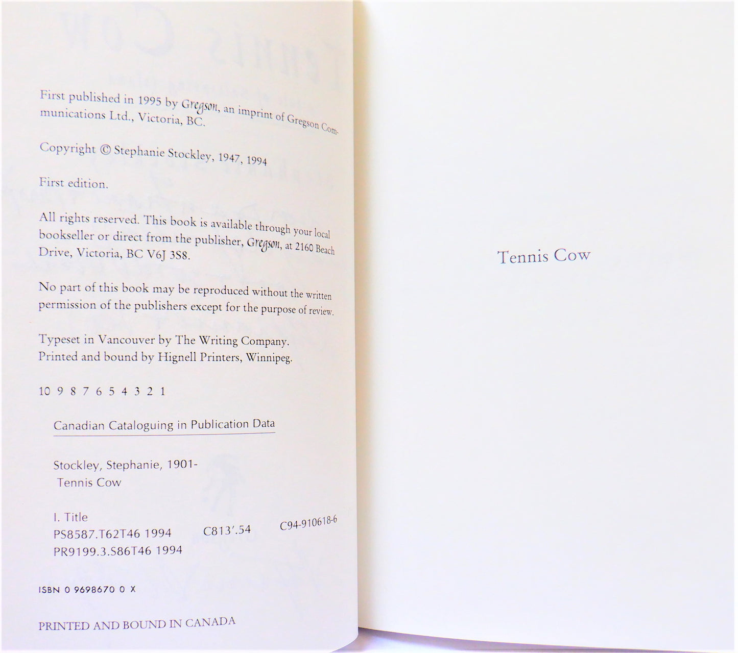 TENNIS COW, A Tale of Saltspring Island, by Stephanie Stockley (1st Ed. SIGNED)