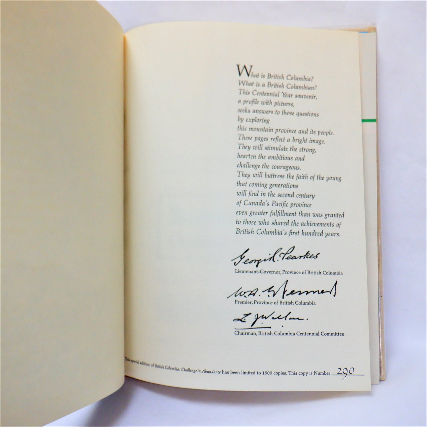 BRITISH COLUMBIA: CHALLENGE IN ABUNDANCE, A 100th Centennial Celebration Book by Herbert L. McDonald (1966 1st Ed., Numbered 290/1500)