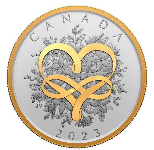 2023 Fine Pure 1oz Silver $20 Canadian Gold-Plated Coin: CELEBRATE LOVE, CELEBRATION DE L'AMOUR