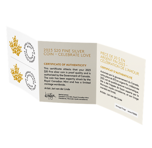 2023 Fine Pure 1oz Silver $20 Canadian Gold-Plated Coin: CELEBRATE LOVE, CELEBRATION DE L'AMOUR