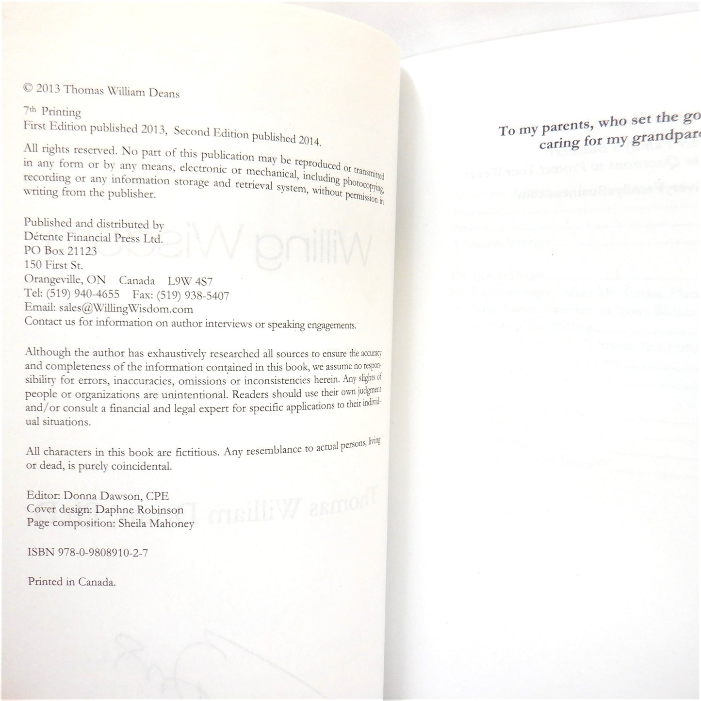 WILLING WISDOM, 7 Questions Successful Families Ask, by THOMAS WILLIAM DEANS (2014-SIGNED)
