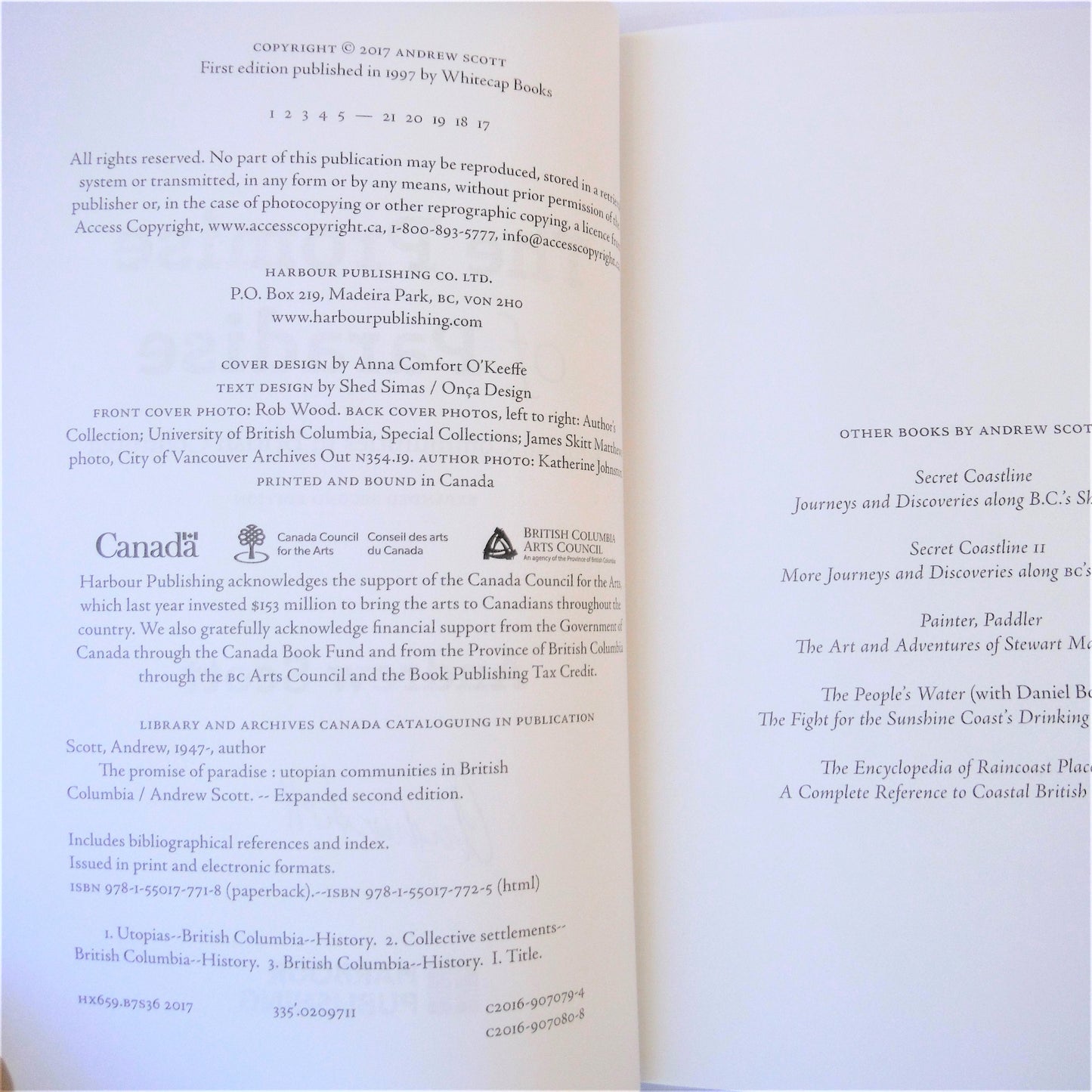 THE PROMISE OF PARADISE: Utopian Communities in British Columbia, by Andrew Scott (2017-SIGNED)