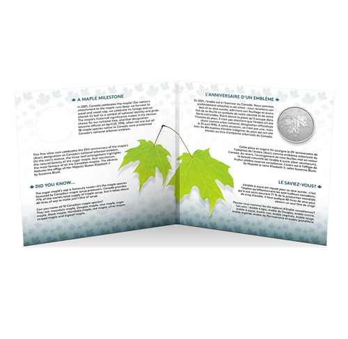 2021 Canadian $5-Dollar Pure Silver Coin: 25th Anniversary of Canada's Arboreal Emblem 'OUR BELOVED MAPLE'